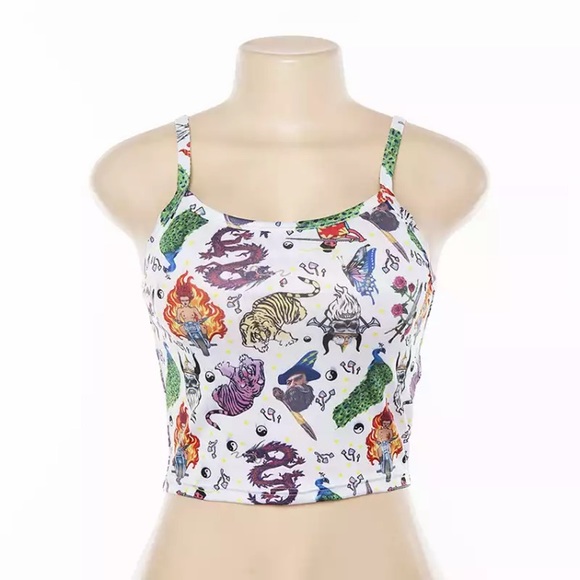 White trippy print cami crop top 🐲🔥🐅🦚🗡 - Picture 7 of 16